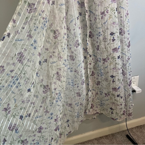 Express Floral Maxi Duster Shimmer Details Drawstring Metallic Beach Sz M boho - Picture 12 of 15